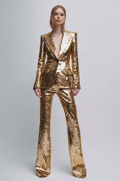 Leely Women 2 Piece Sparkly Gold Women Prom Suits with Sleeves Sequins Peak Lapel Single Breasted Party Tuxedo with Pockets