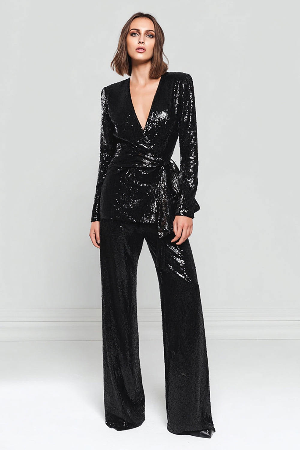 Leely Women 2 Piece Black Sparkly Women Prom Suits with Sash Sequined V Neck Party Tuxedo with Sleeves