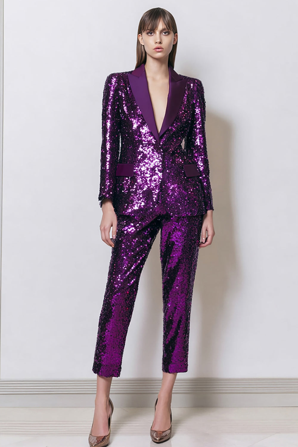 Leely Women 2 Piece Sparkly Dark Purple Peak Lapel Women Prom Suits with Pockets Sequins Single Breasted Party Tuxedo