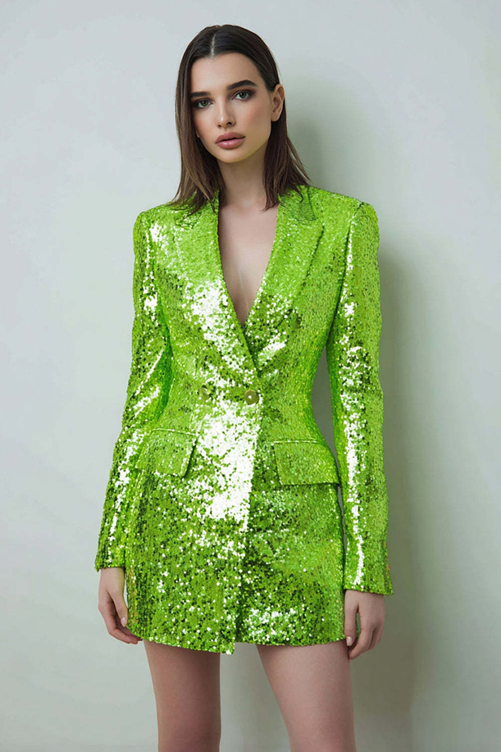 Leely Women Sparkly Fluorescent Green Sequins Short Women Blazer with Pockets Bodycon Peak Lapel Double Breasted Party Tuxedo