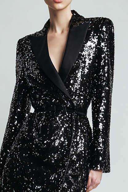 Sparkly Black Sequins Bodycon Short Peak Lapel Women Blazer