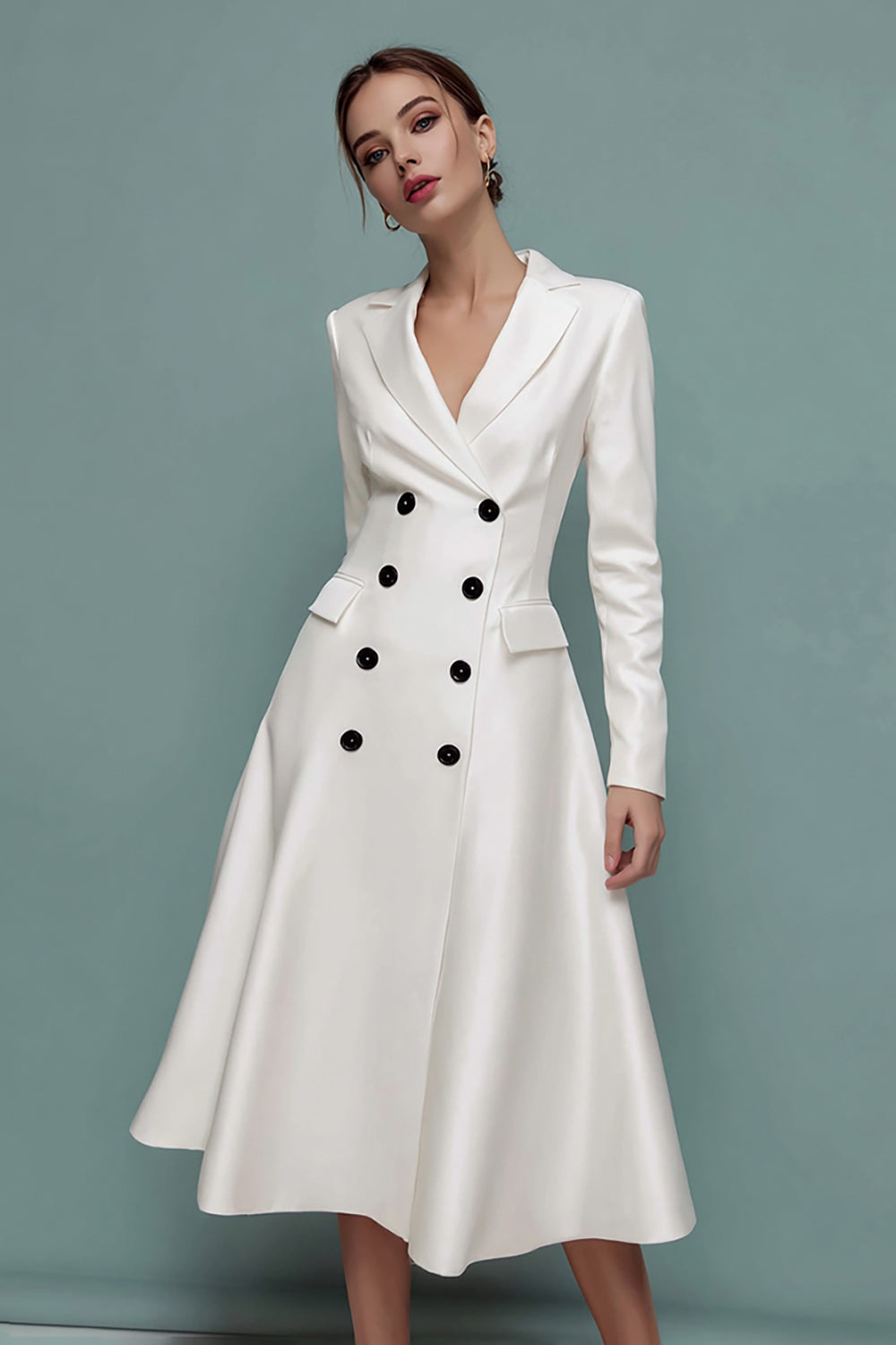 Leely Women Ivory Midi Notched Lapel Blazer Dress with Sleeves A Line Double Breasted Work Dress with Pockets