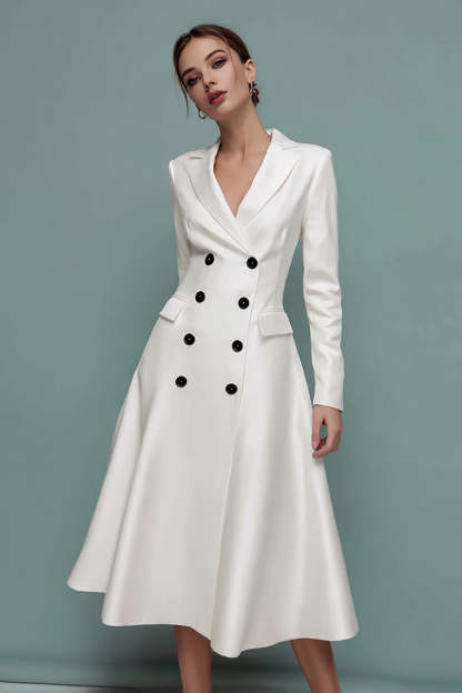 Leely Women Ivory Midi Notched Lapel Blazer Dress with Sleeves A Line Double Breasted Work Dress with Pockets