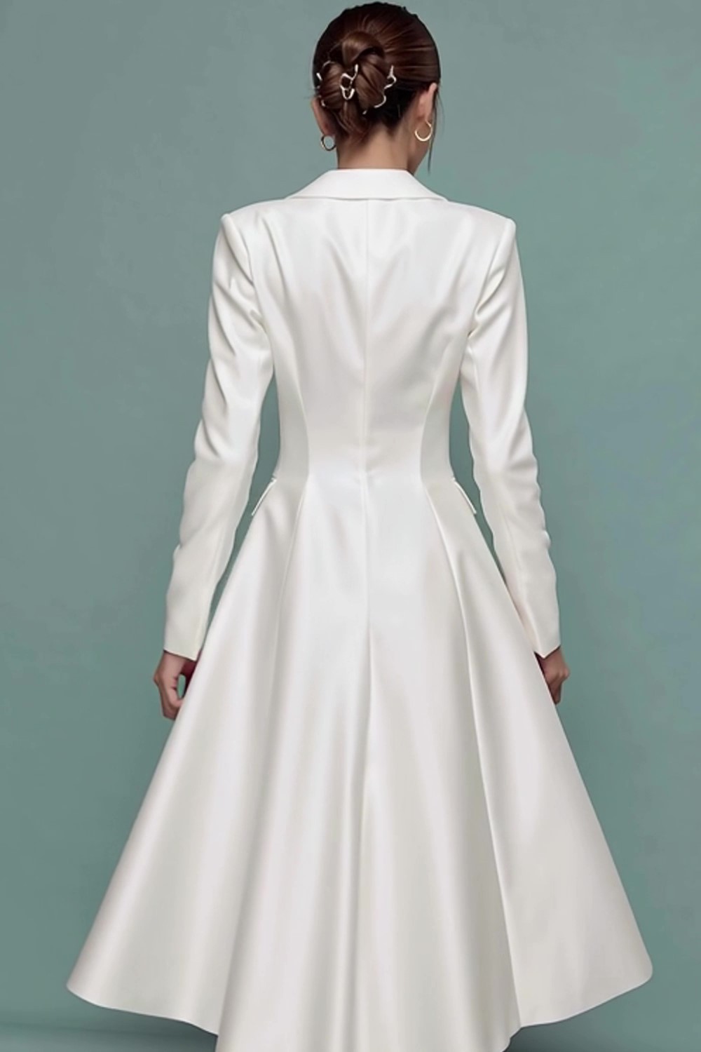 Ivory Midi Notched Lapel A Line Blazer Dress with Sleeves