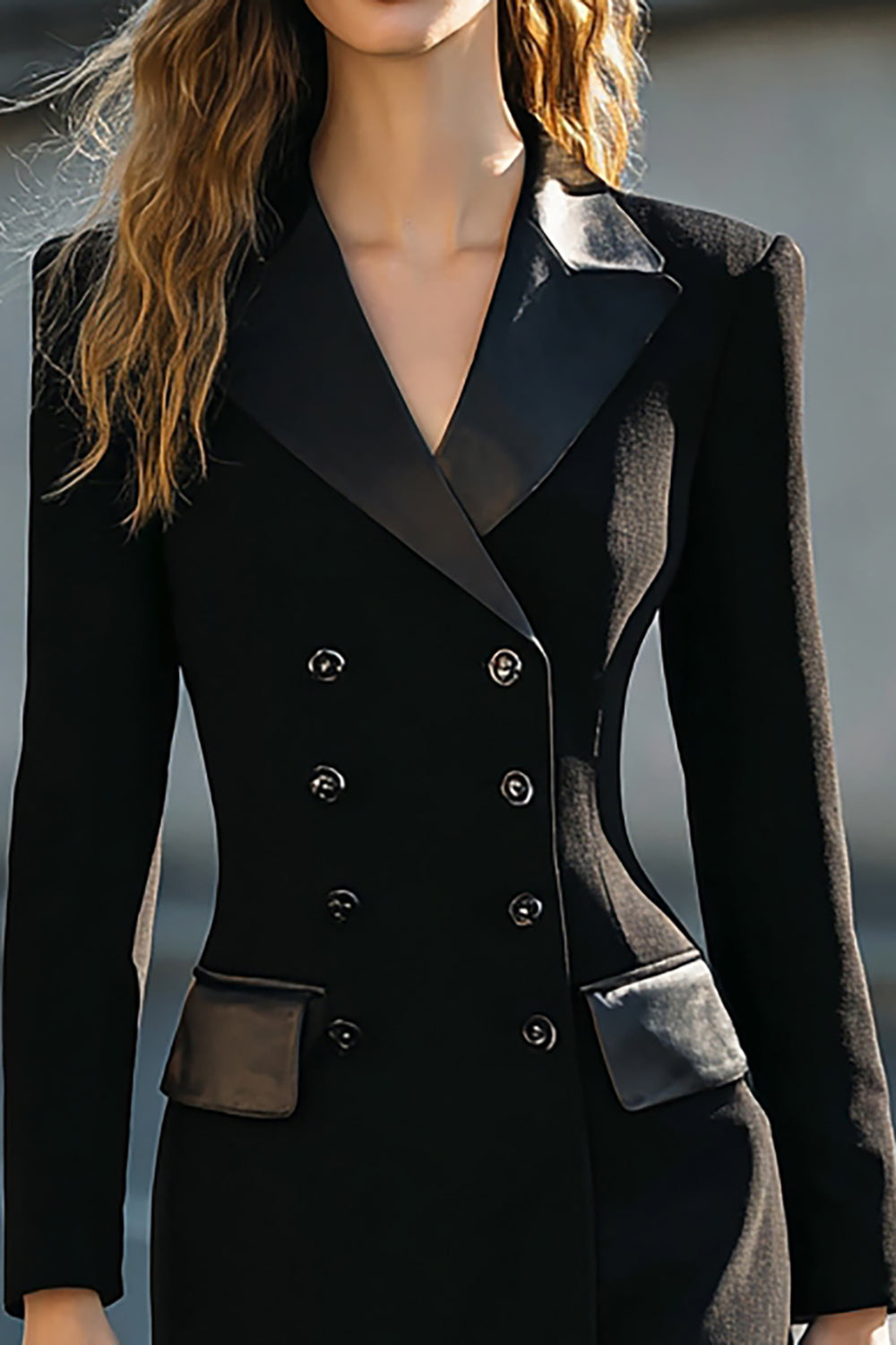 Black Midi Pencil Double Breasted Blazer Dress with Sleeves