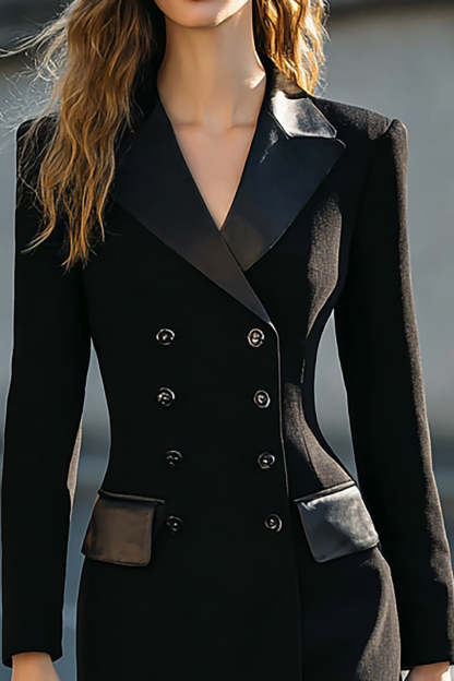 Black Midi Pencil Double Breasted Blazer Dress with Sleeves