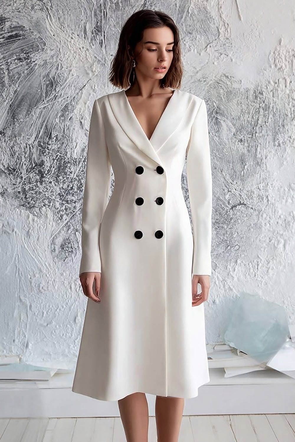 Satin Ivory A Line Double Breasted Midi Blazer Dress