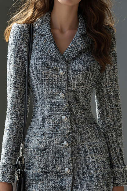 Dark Grey Tweed Pencil Single Breasted Short Work Dress