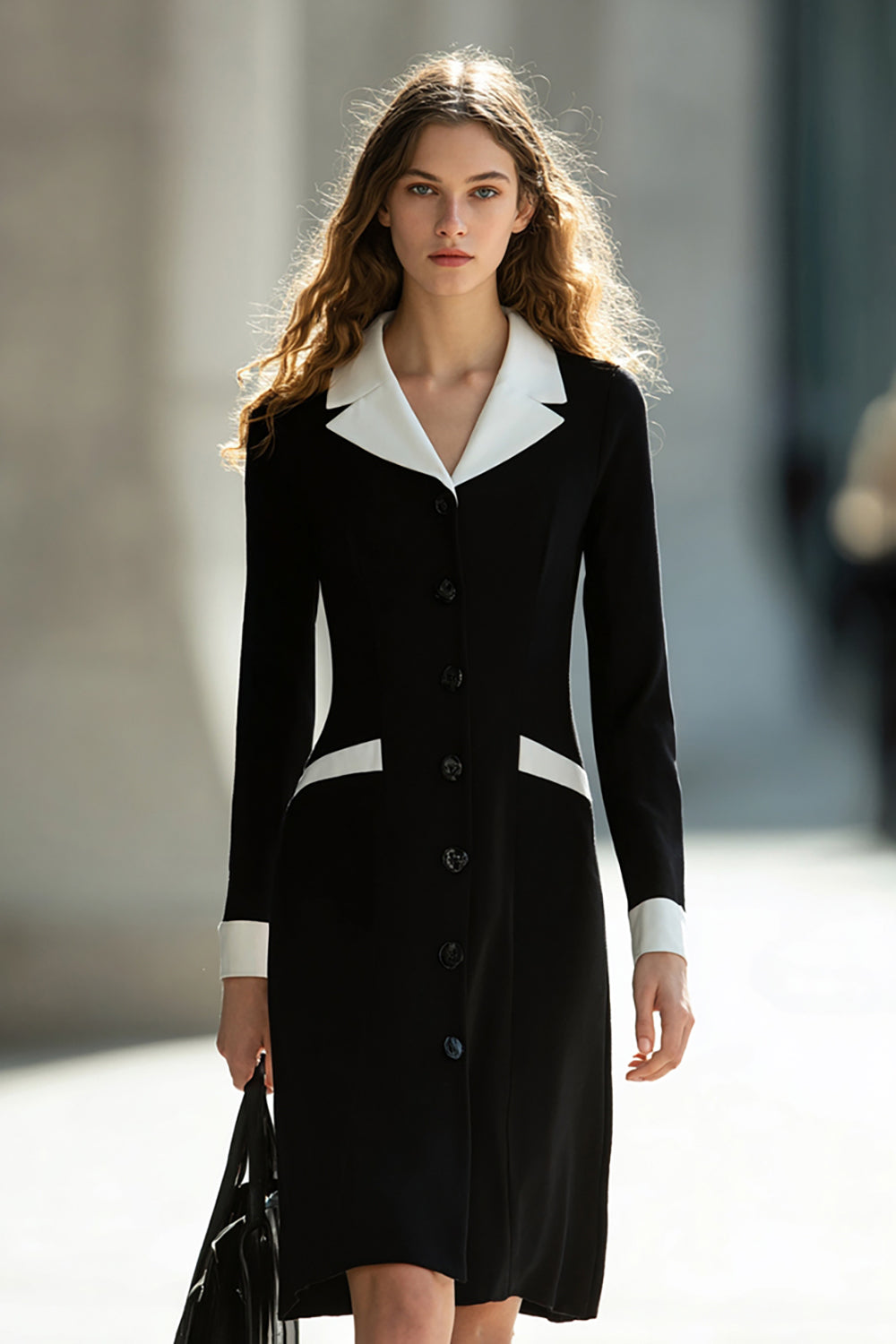 Leely Women Black and White One Piece Pencil Short Blazer Dress with Sleeves Notched Lapel Single Breasted Work Dress