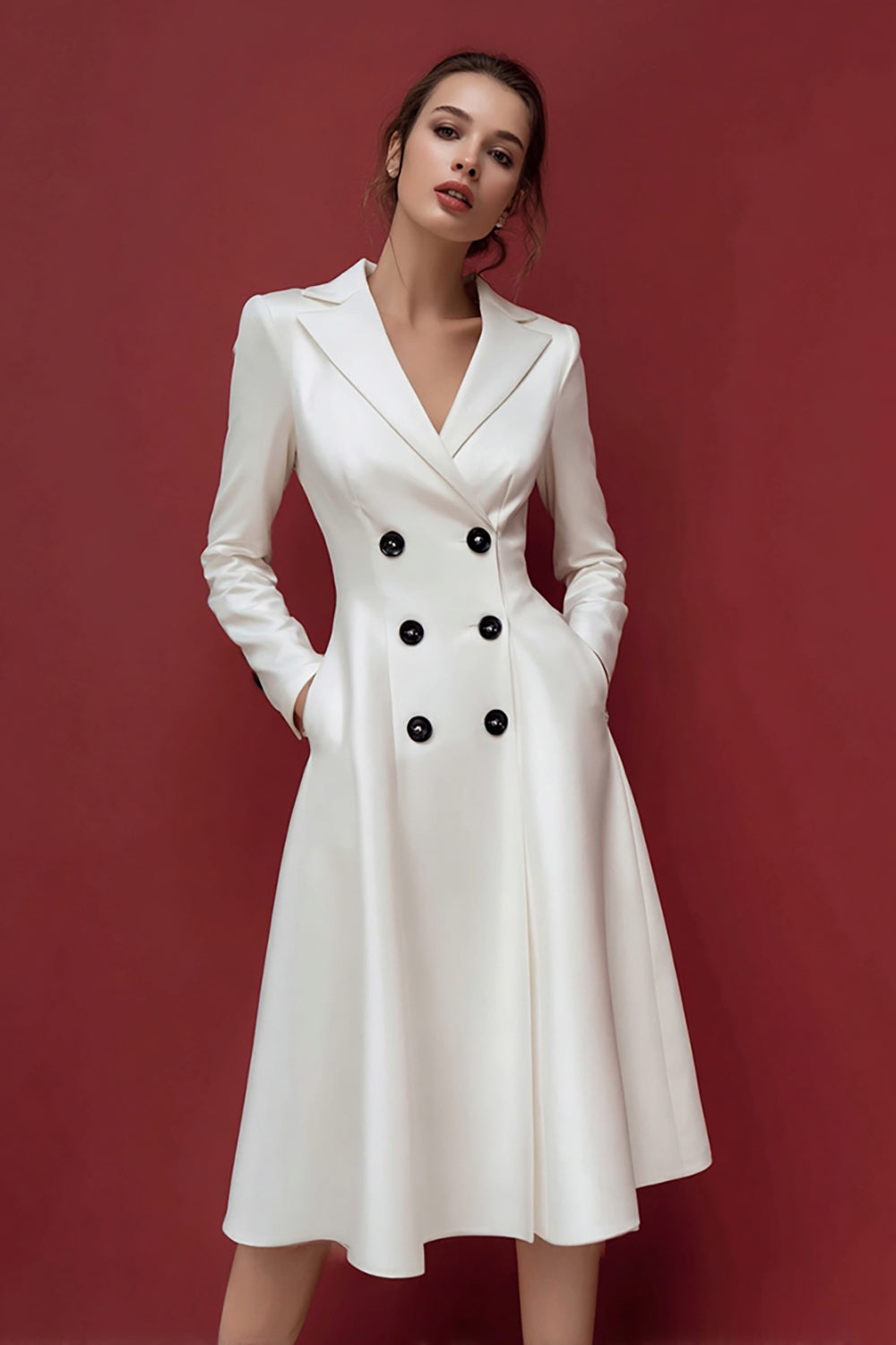 Ivory Satin A Line Double Breasted Midi Blazer Dress with Pockets