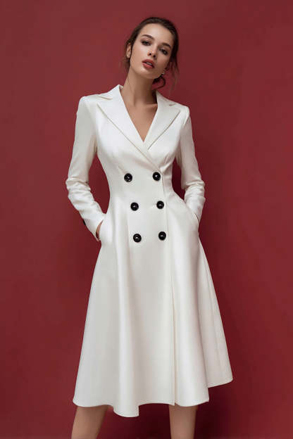Leely Women Ivory Satin Midi A Line Blazer Dress with Pockets Notched Lapel Double Breasted Work Dress with Sleeves