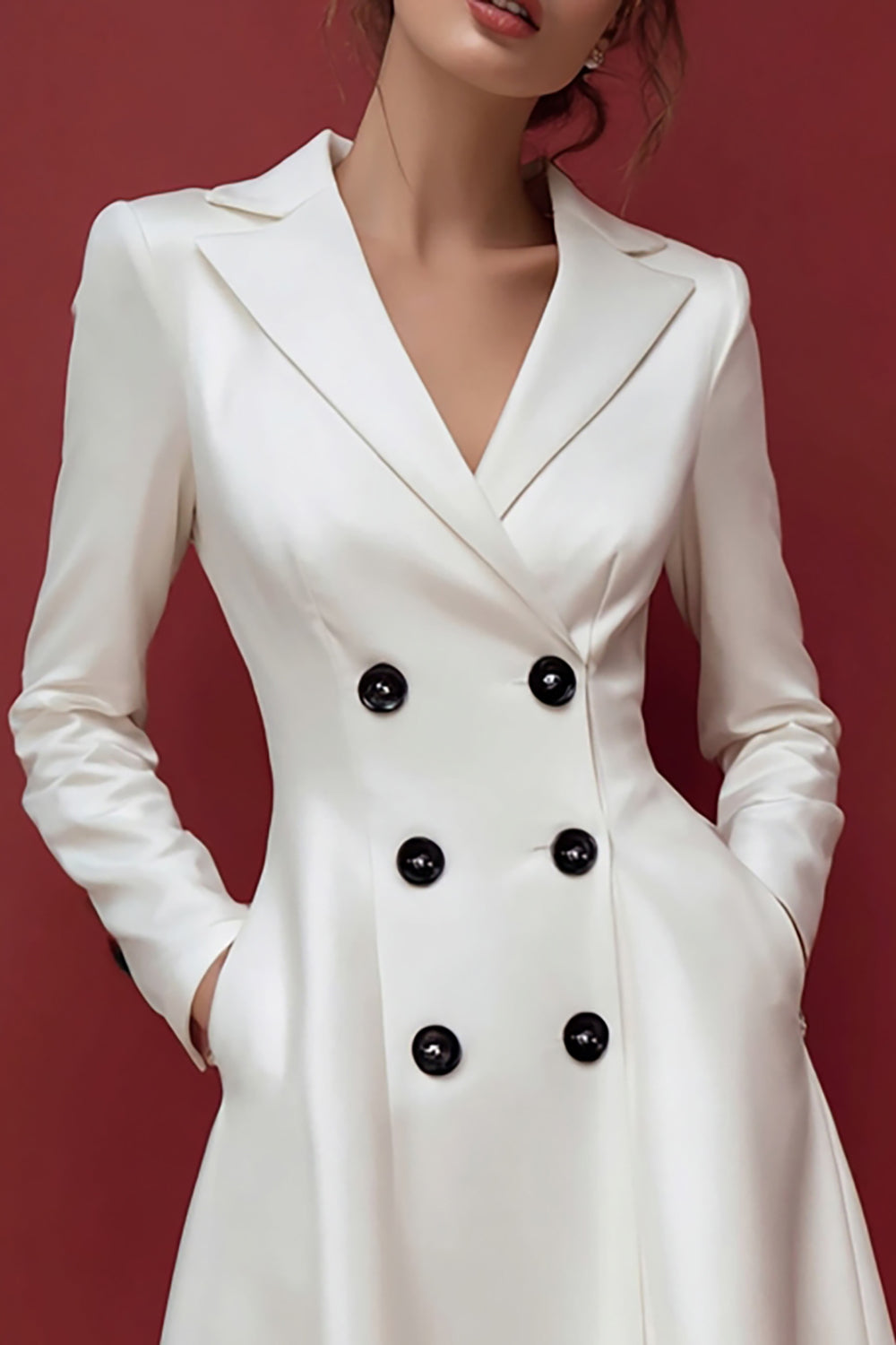 Ivory Satin A Line Double Breasted Midi Blazer Dress with Pockets