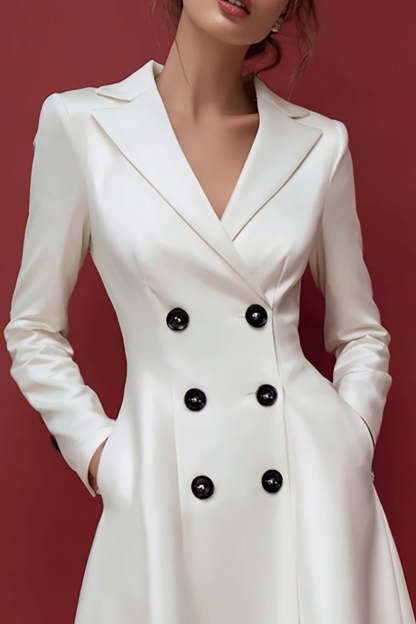 Ivory Satin A Line Double Breasted Midi Blazer Dress with Pockets