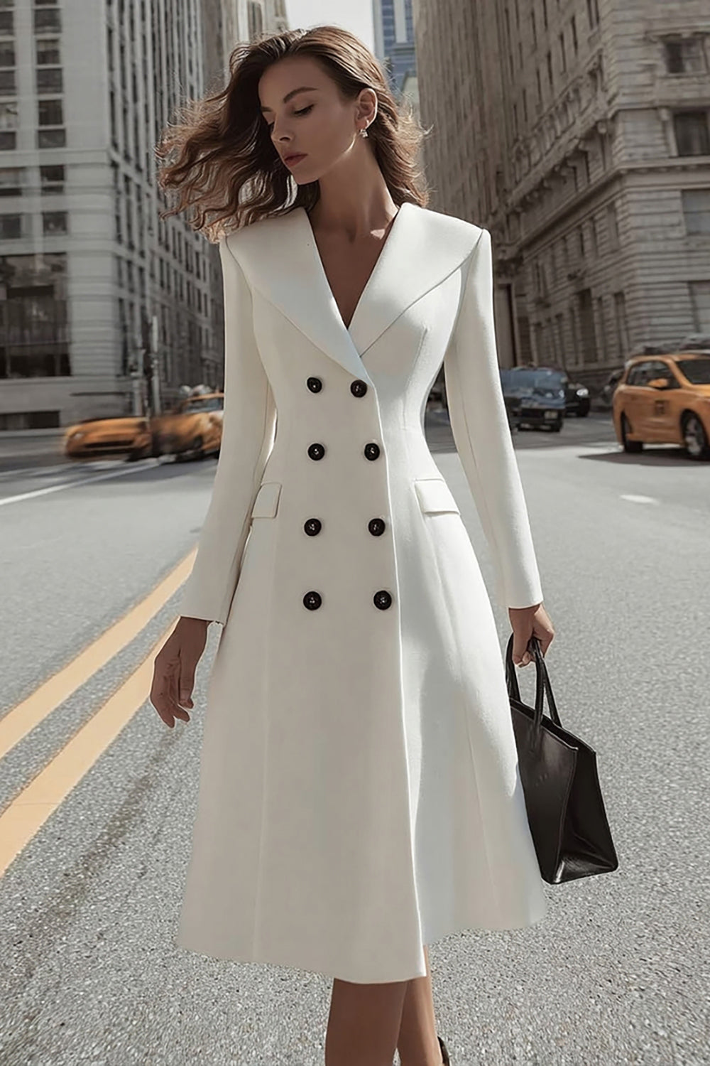Ivory Shawl Lapel Double Breasted Midi A Line Blazer Dress