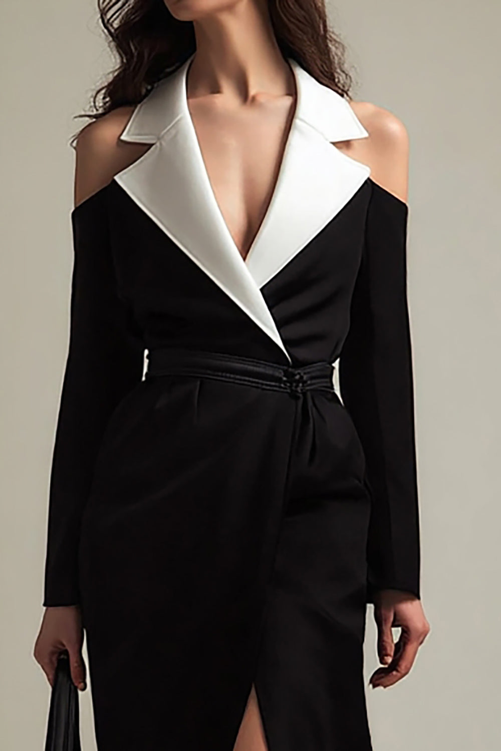 Black and White Satin Notched Lapel Long Blazer Dress with Slit