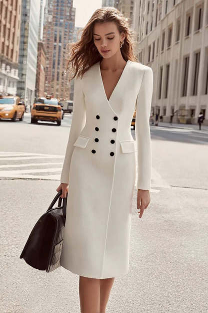 Leely Women Ivory Satin Pencil Midi Blazer Dress with Sleeves Double Breasted V-Neck Work Dress