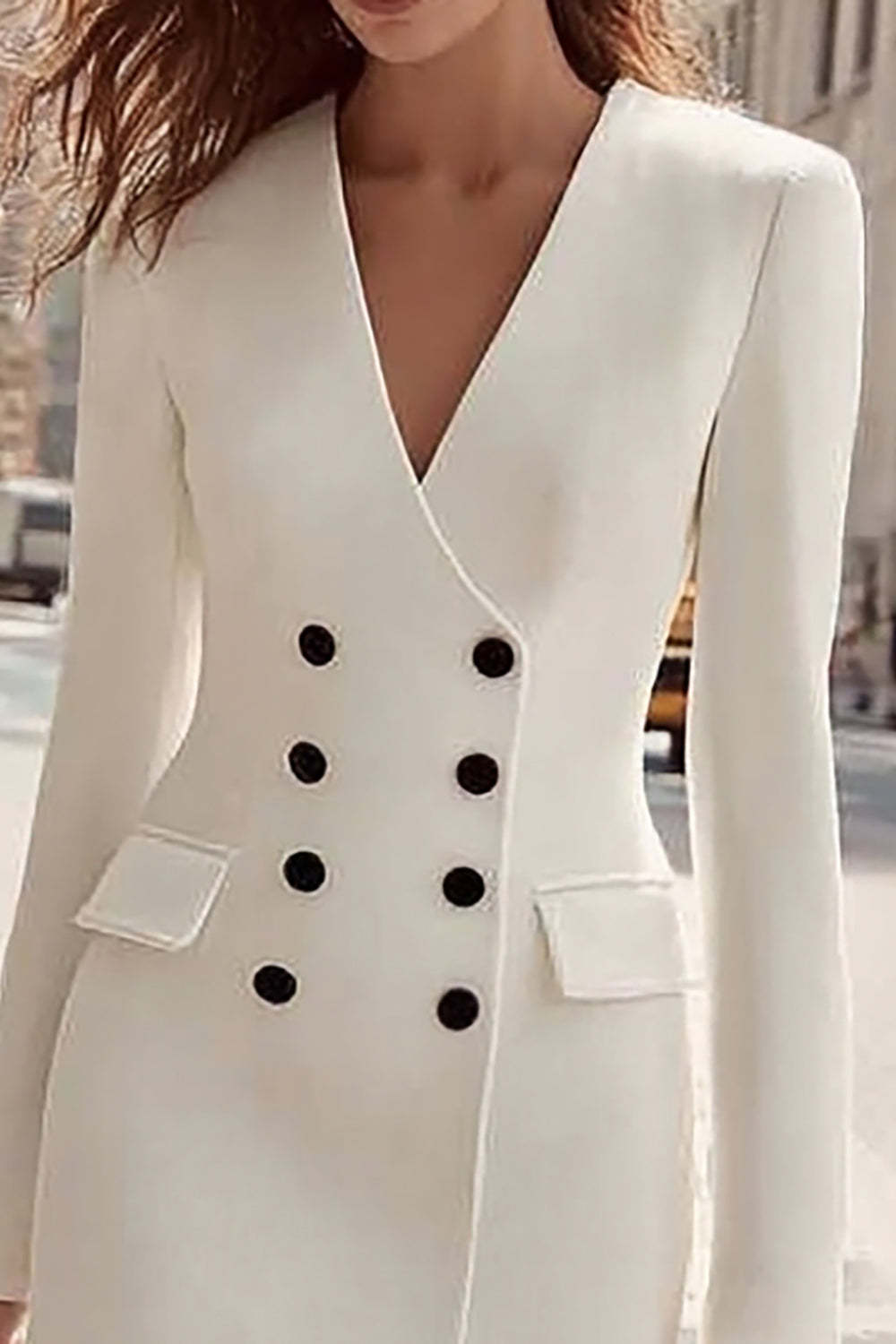 Midi Ivory Satin Double Breasted V-Neck Blazer Dress with Sleeves