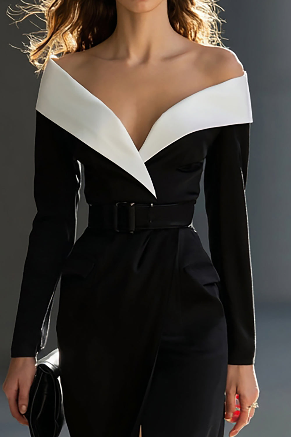 Midi Black and White Off the Shoulder Pencil Work Dress with Belt