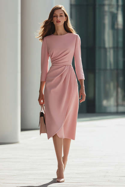 Leely Women Pink Satin Pencil Midi Work Dress with Sleeves Round Neck Ruched Business Dress