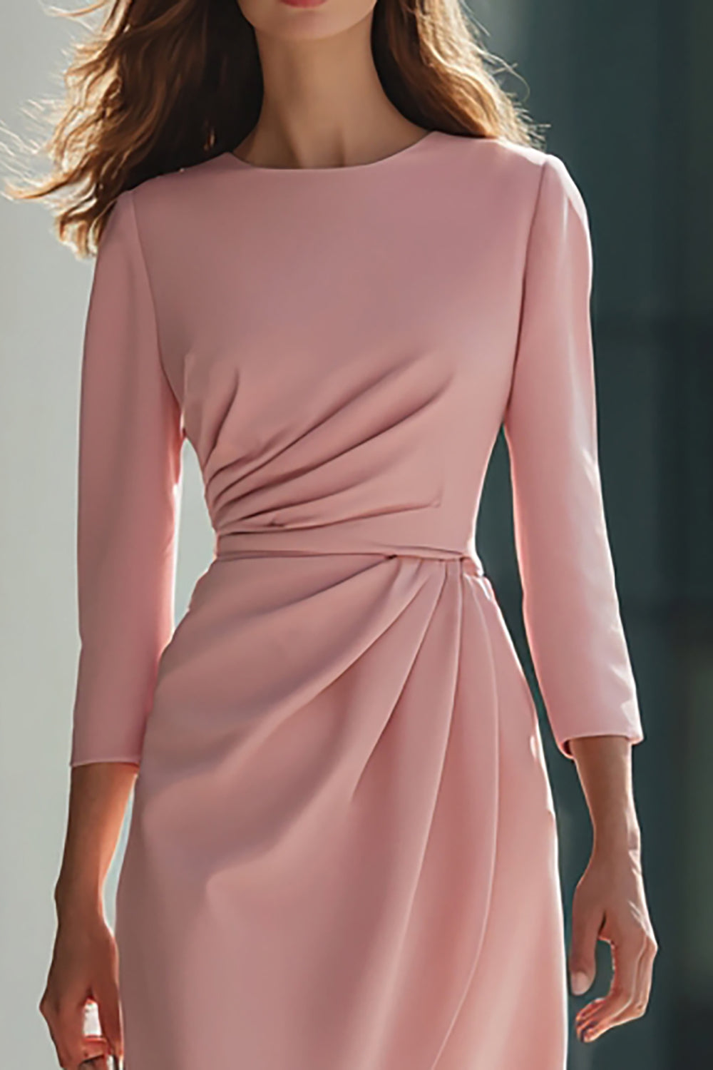 Pink Satin Pencil Satin Round Neck Ruched Midi Work Dress with Sleeves
