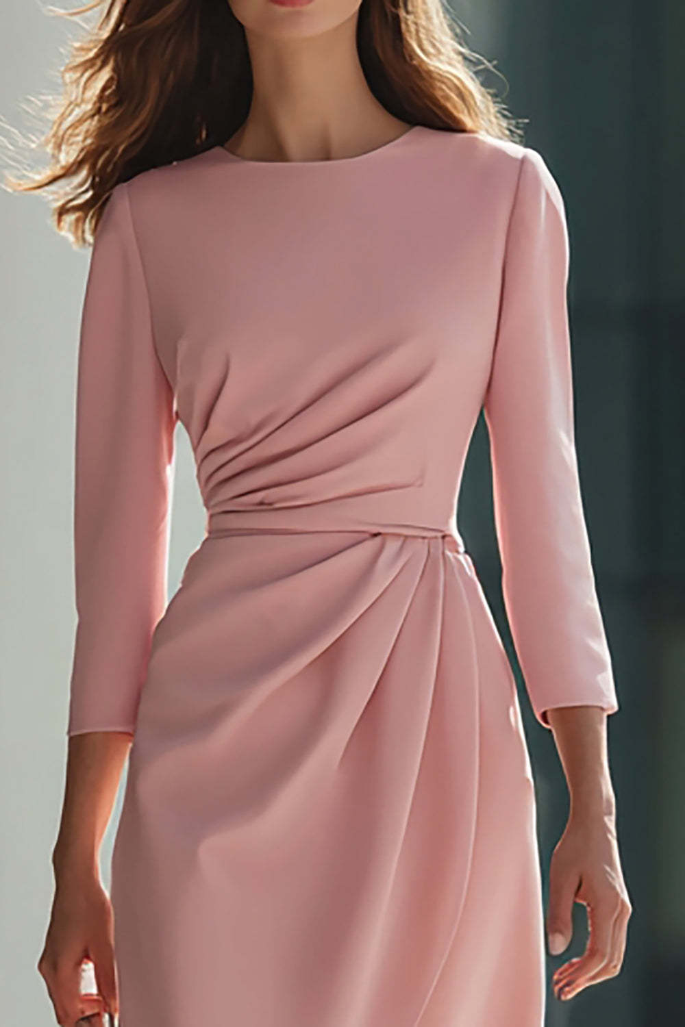 Pink Satin Pencil Satin Round Neck Ruched Midi Work Dress with Sleeves
