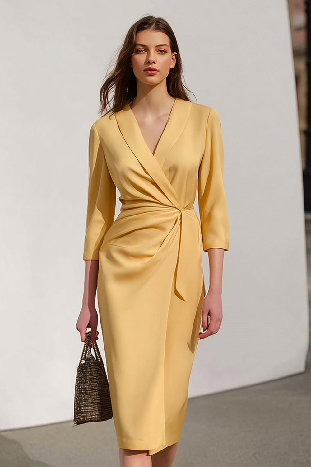 Midi Yellow Satin Pencil Shawl Lapel Work Dress with Sash