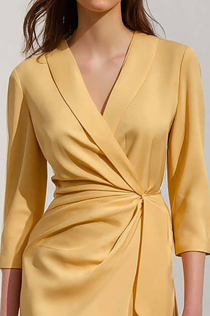 Midi Yellow Satin Pencil Shawl Lapel Work Dress with Sash