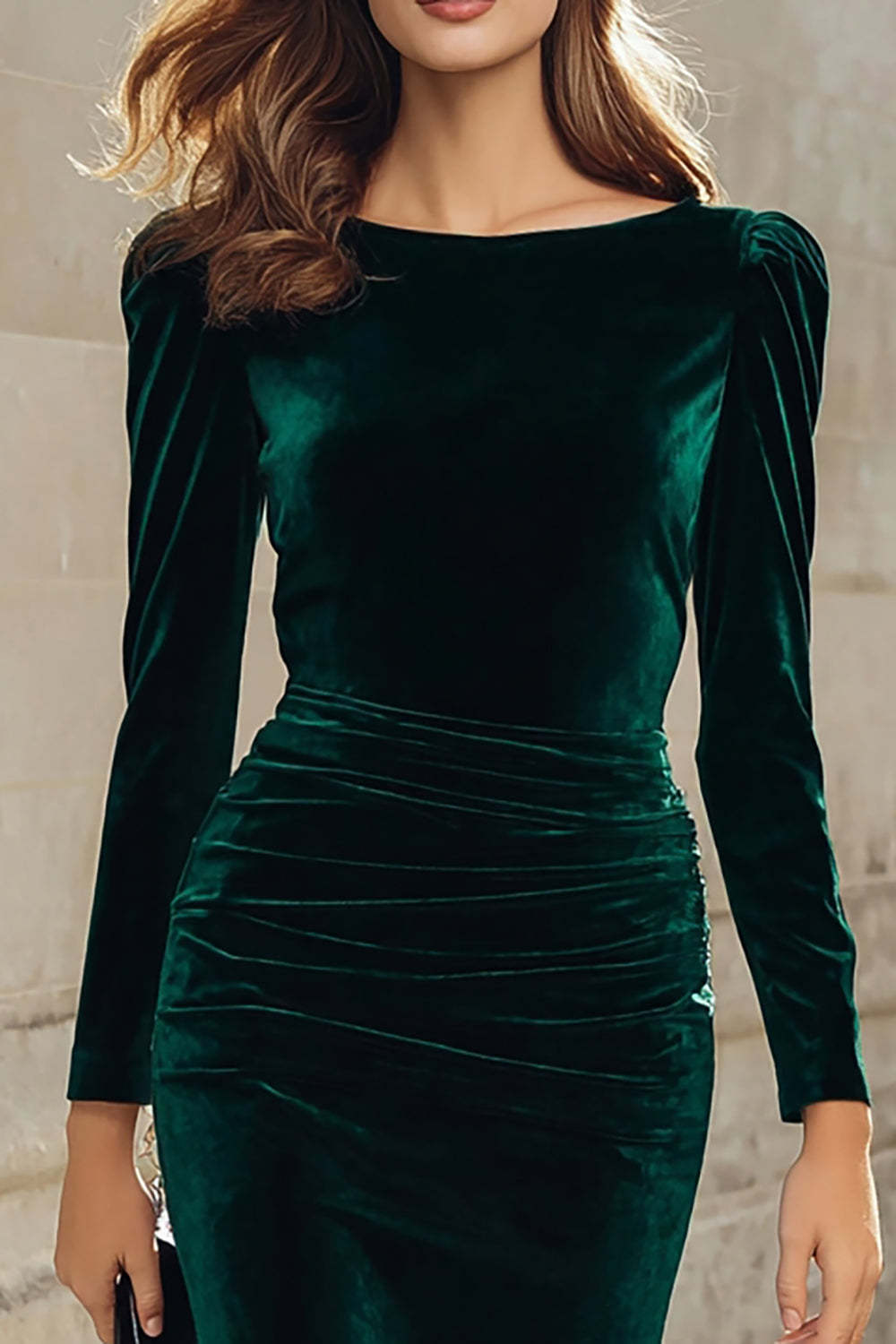 Dark Green Velvet Bodycon Boat Neck Midi Holiday Party Dress with Sleeves