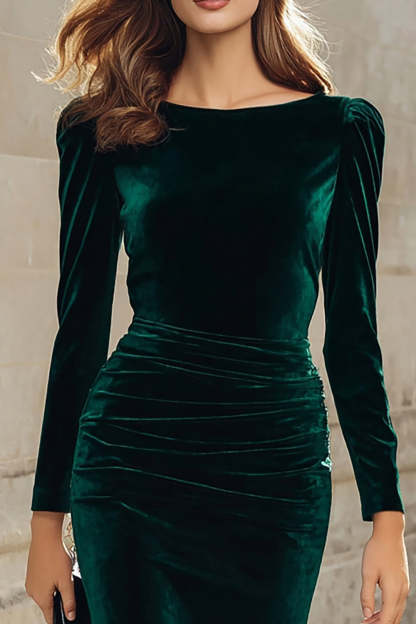 Dark Green Velvet Bodycon Boat Neck Midi Holiday Party Dress with Sleeves