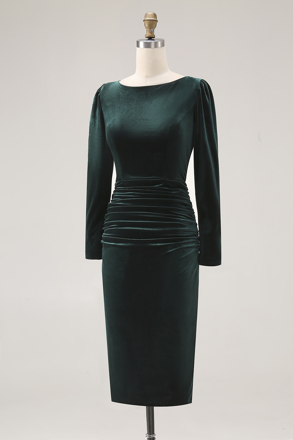 Dark Green Velvet Bodycon Ruched Midi Holiday Party Dress