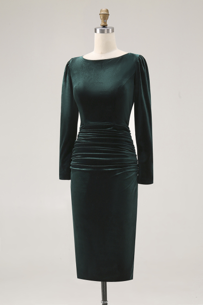 Dark Green Velvet Bodycon Ruched Midi Holiday Party Dress