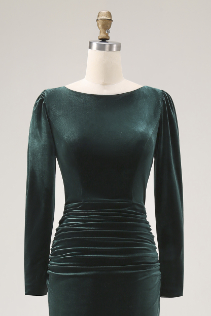 Dark Green Velvet Bodycon Ruched Midi Holiday Party Dress