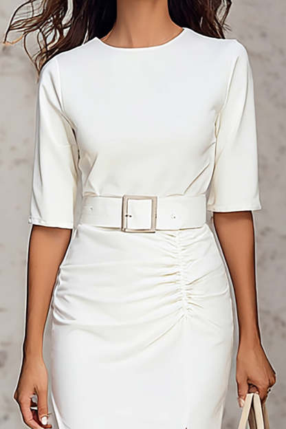 Ivory Satin Pencil Round Neck Half Sleeves Midi Work Dress with Slit