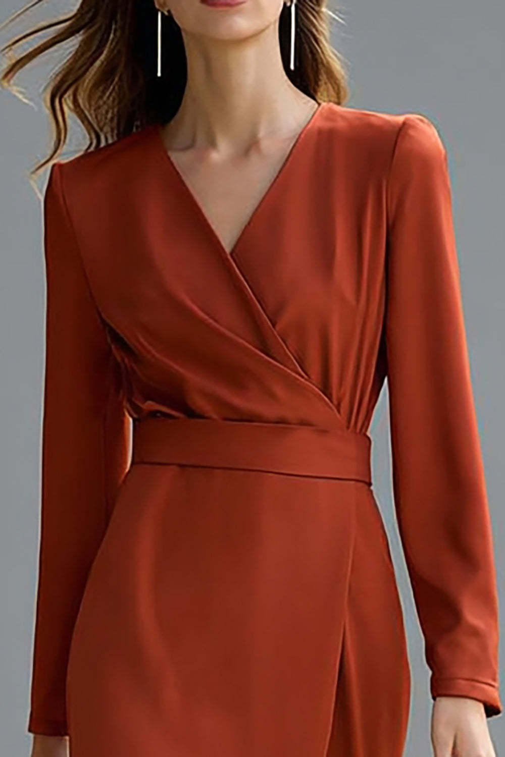 Midi Terracotta V-Neck Pencil Satin Work Dress with Slit