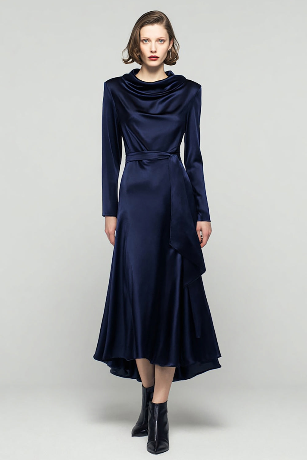 Elegant Long Navy Satin Cowl Neck Work Dress with Sash