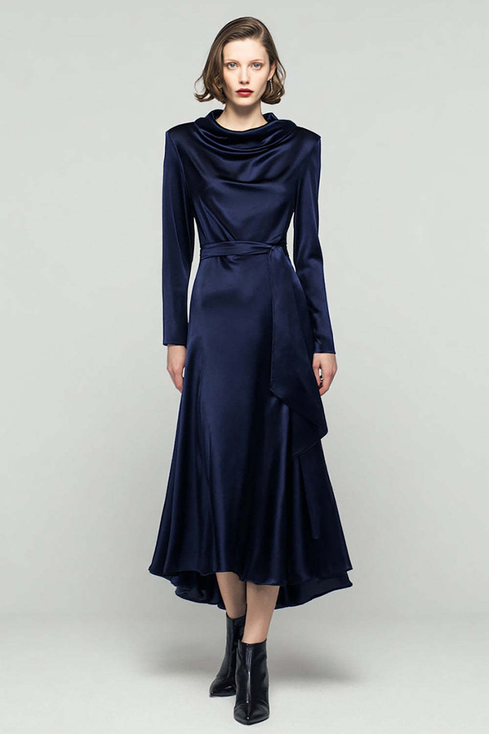 Leely Women Elegant Navy Satin Long Work Dress with Sash Cowl Neck A Line Business Dress with Sleeves