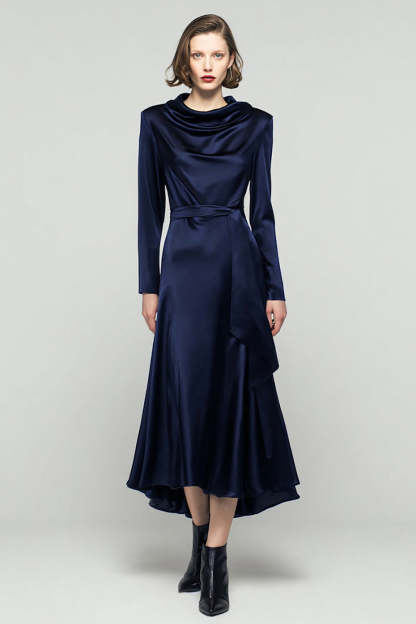 Leely Women Elegant Navy Satin Long Work Dress with Sash Cowl Neck A Line Business Dress with Sleeves