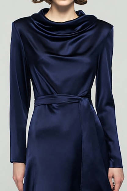 Elegant Long Navy Satin Cowl Neck Work Dress with Sash