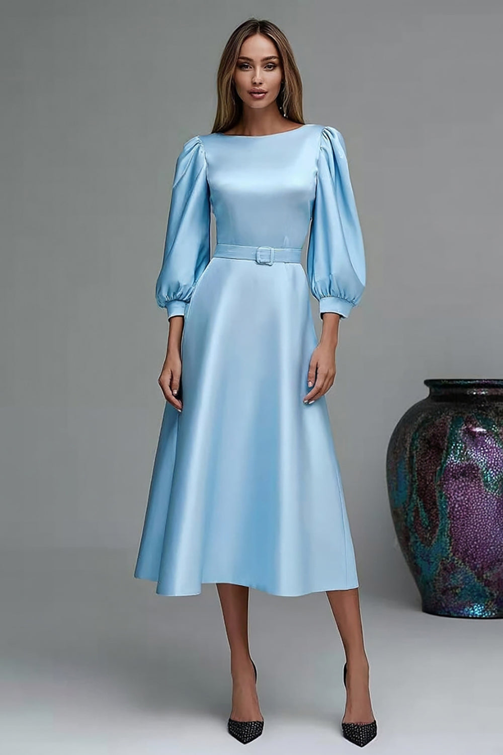 Sky Blue Midi Satin Boat Neck Lantern Sleeves Work Dress