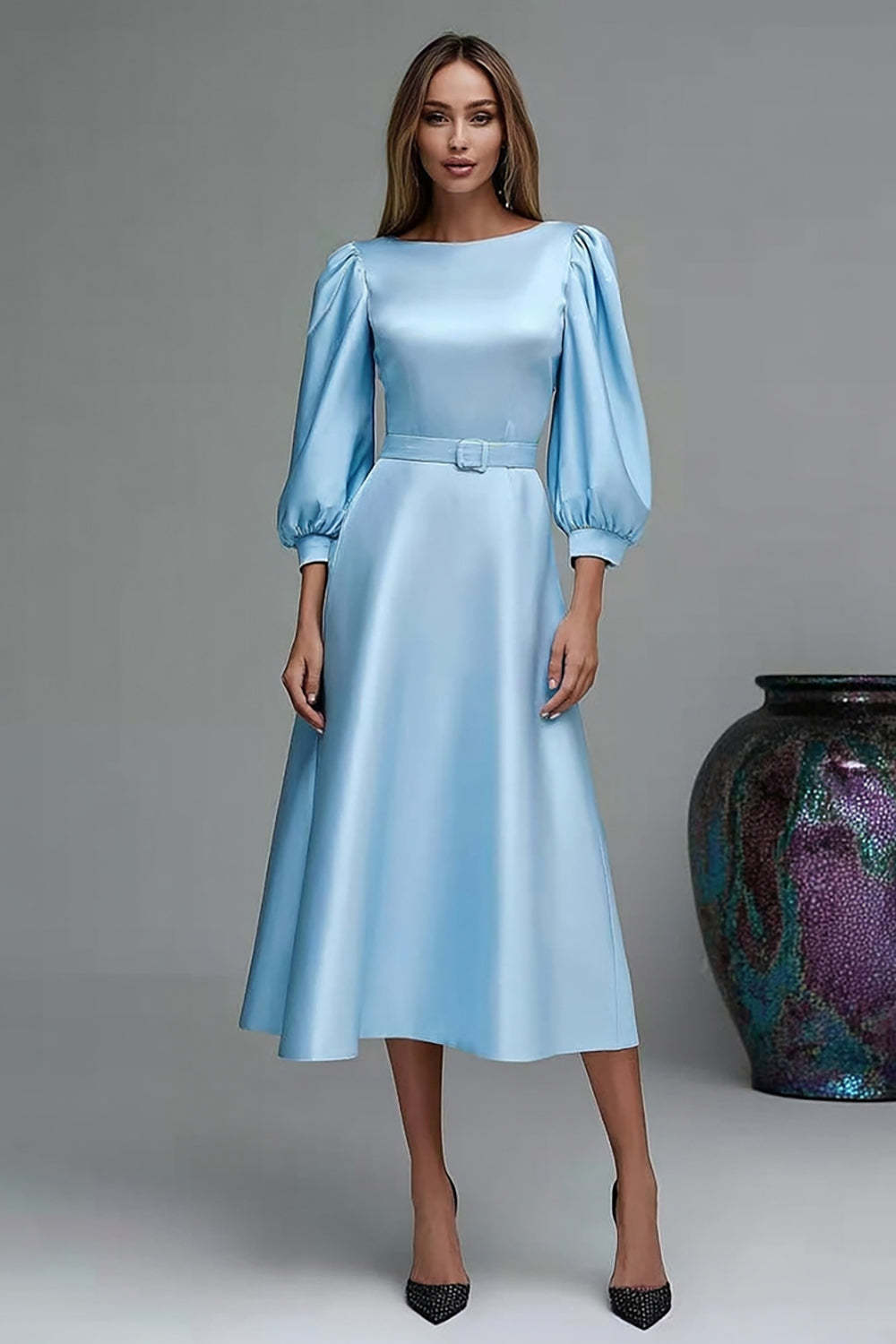 Leely Women Sky Blue Satin A Line Midi Work Dress Lantern Sleeves Boat Neck Business Dress