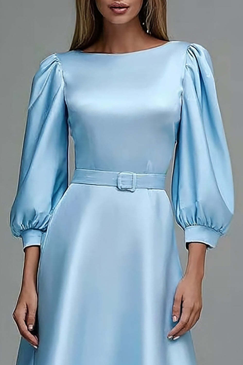 Sky Blue Midi Satin Boat Neck Lantern Sleeves Work Dress