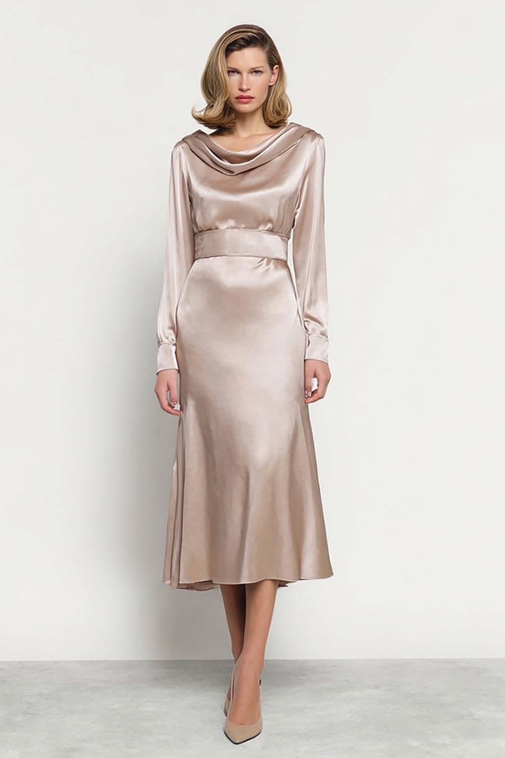 Leely Women Champagne Satin Midi Work Dress A Line Cowl Neck Long Sleeves Business Dress