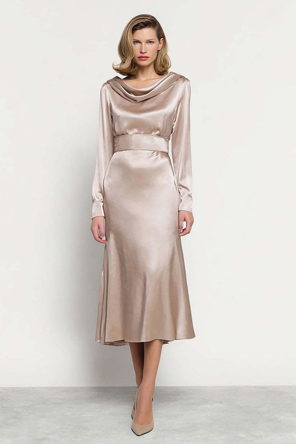 Leely Women Champagne Satin Midi Work Dress A Line Cowl Neck Long Sleeves Business Dress