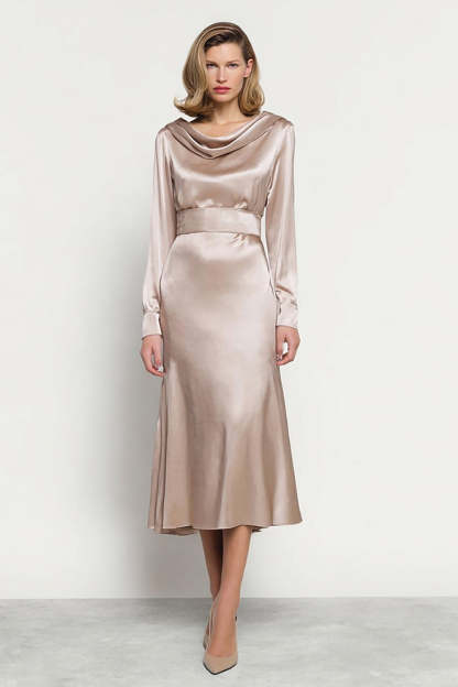 Leely Women Champagne Satin Midi Work Dress A Line Cowl Neck Long Sleeves Business Dress