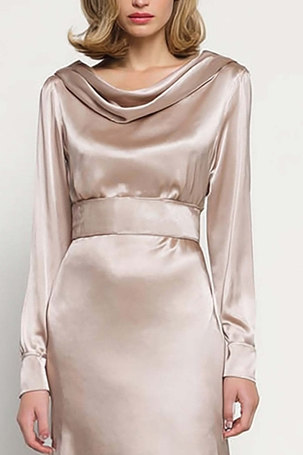 Midi Champagne Satin Cowl Neck Long Sleeves Work Dress