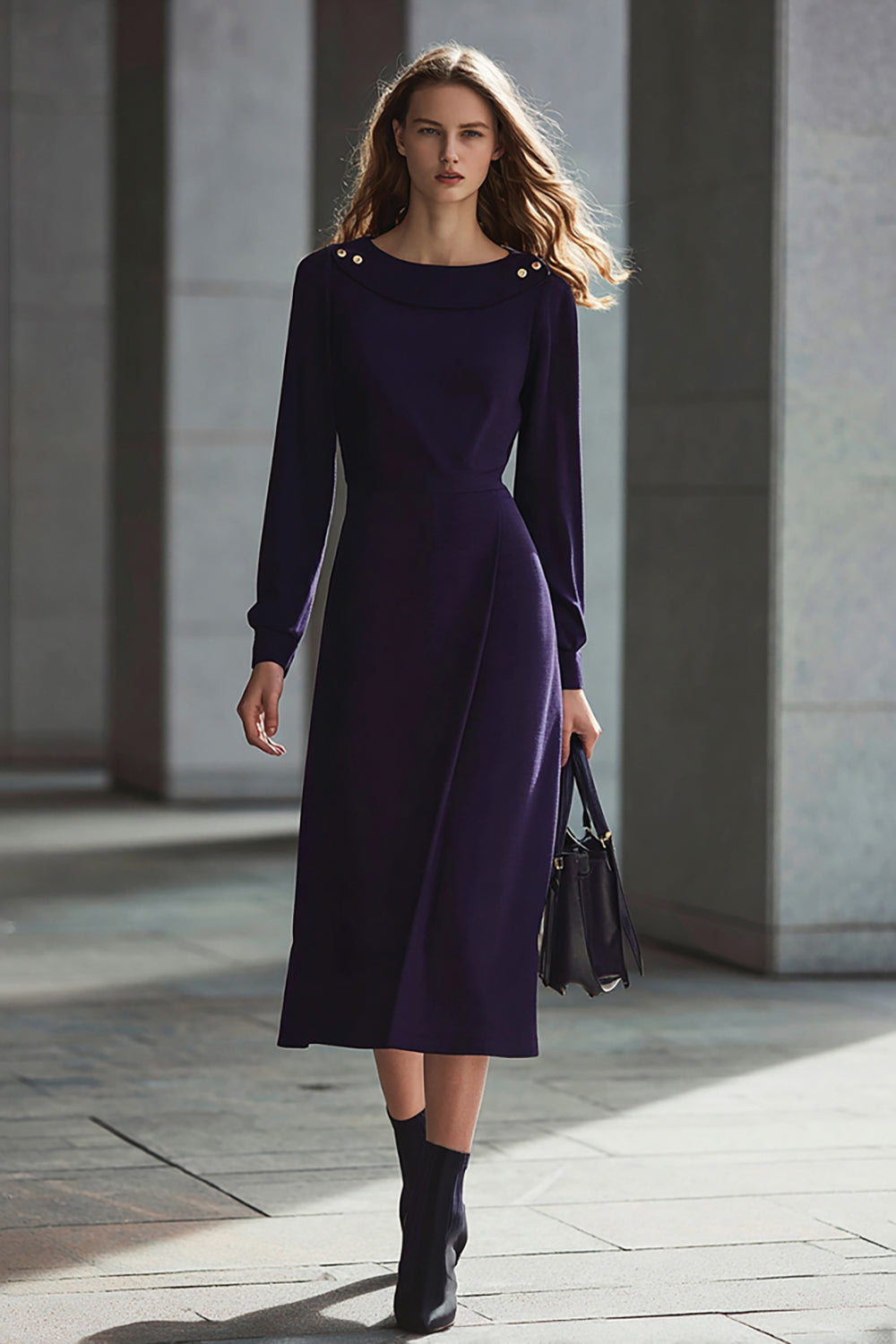 Leely Women Dark Purple Midi Pencil Work Dress with Buttons Long Sleeves Boat Neck Business Dress