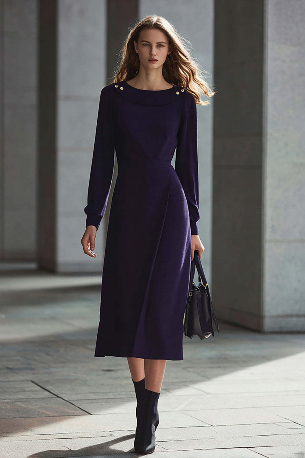 Leely Women Dark Purple Midi Pencil Work Dress with Buttons Long Sleeves Boat Neck Business Dress