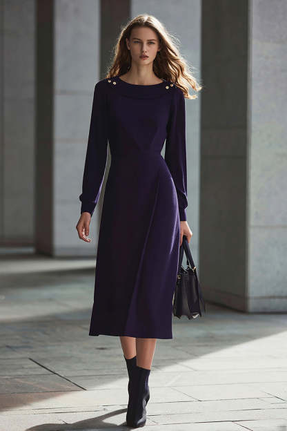 Leely Women Dark Purple Midi Pencil Work Dress with Buttons Long Sleeves Boat Neck Business Dress