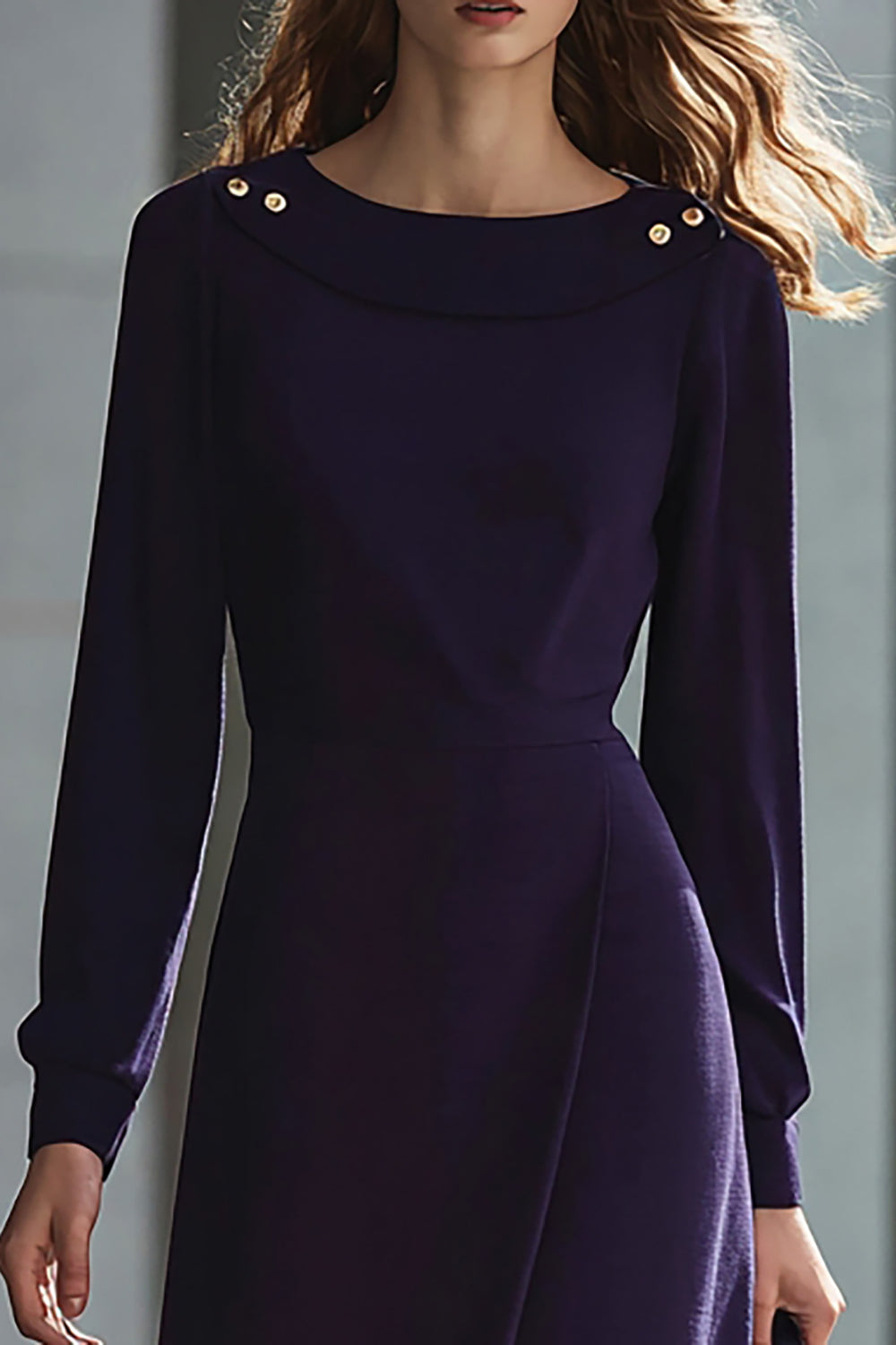 Midi Dark Purple Pencil Long Sleeves Work Dress with Buttons
