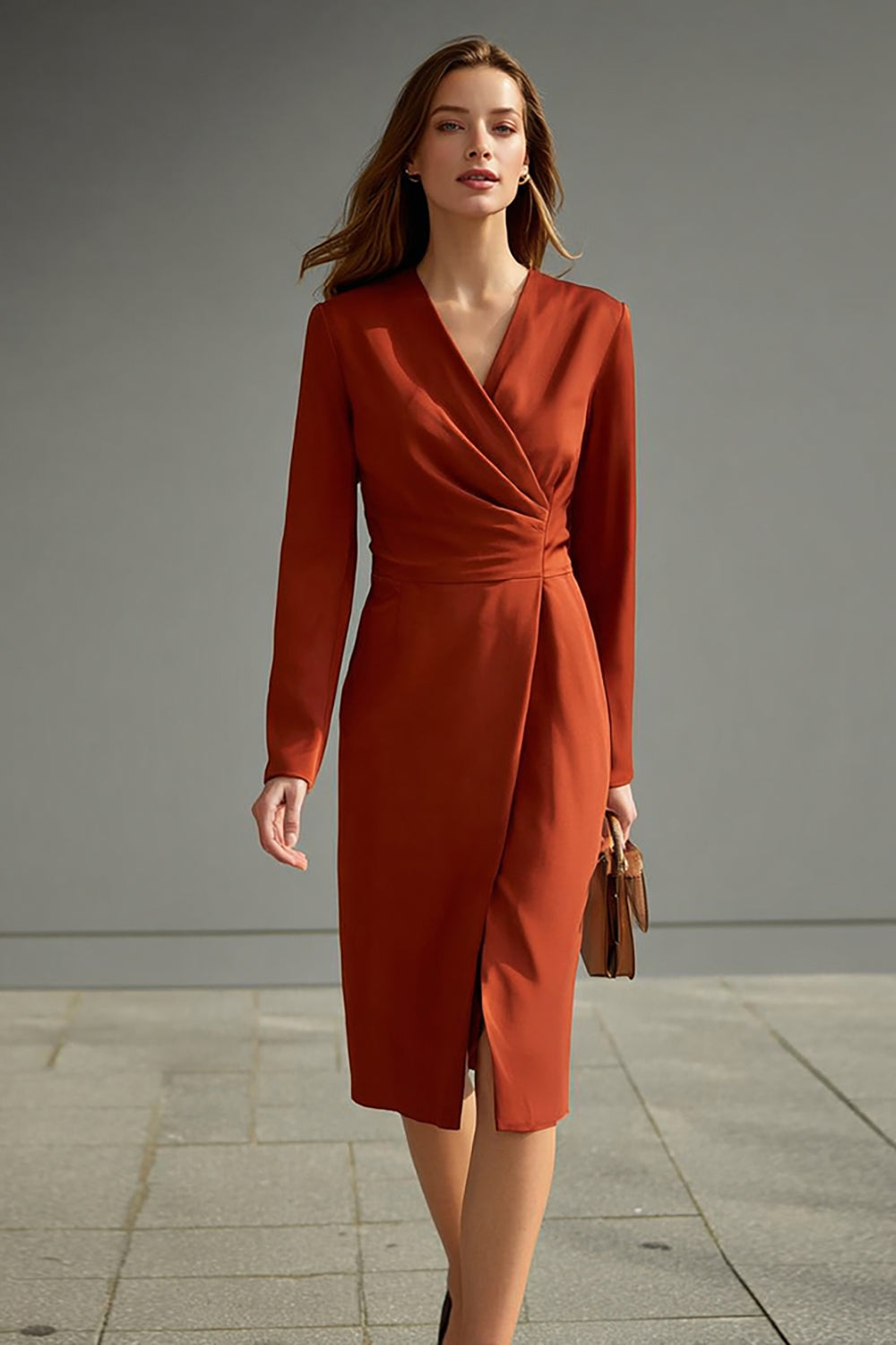Midi Pencil Terracotta V-Neck Long Sleeves Work Dress with Slit